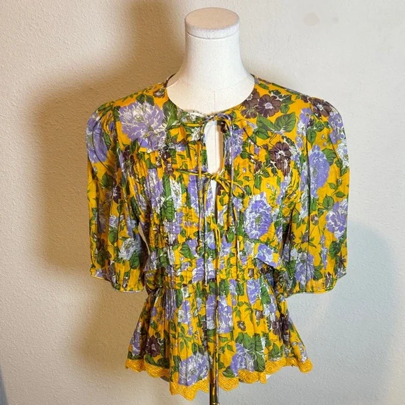 Farm Rio Capri Peplum Hem Floral Blouse Yellow & Purple size Large - Picture 4 of 17